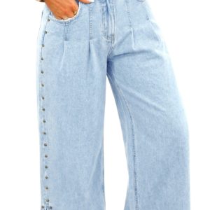 Women's Beau Blue Studded Wide Leg Jeans – Casual Frayed Style with Side Slit for Everyday Wear - Main View