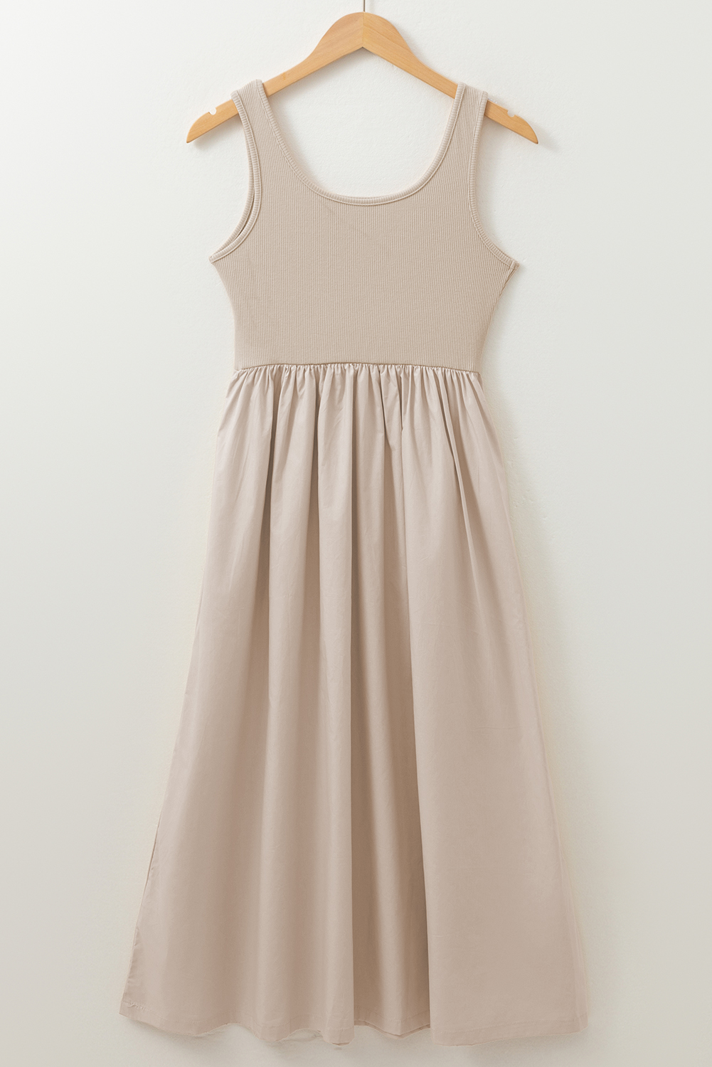 Chic Beige A-Line Maxi Dress with Ribbed Bodice - Perfect for Daily Wear - Detail View 7 Chic Beige A-Line Maxi Dress with Ribbed Bodice - Perfect for Daily Wear - Detail View 7