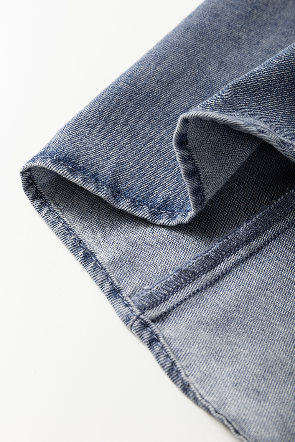 Women's Dusk Blue V Neck Ruffled Short Puff Sleeve Denim Top - Stylish Casual Wear - Detail View 9 Women's Dusk Blue V Neck Ruffled Short Puff Sleeve Denim Top - Stylish Casual Wear - Detail View 9