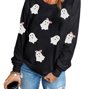 Women's Black Sequin Ghost Graphic Crew Neck Halloween Sweatshirt with Cute Bow Detail - Main View