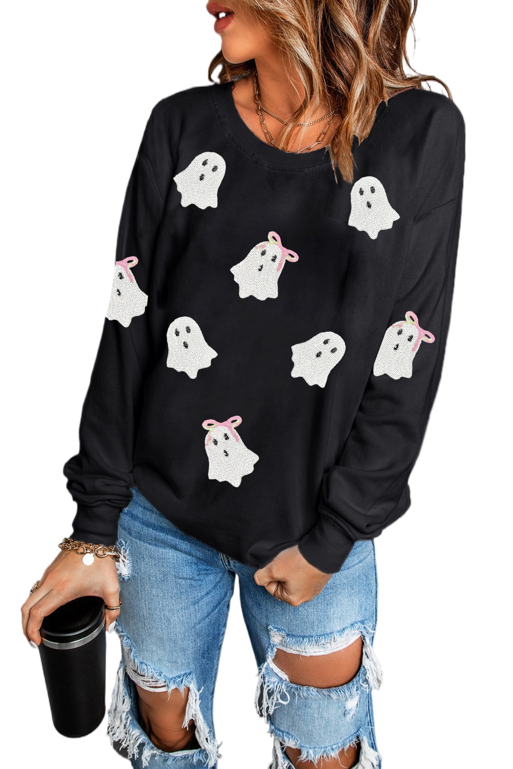Women's Black Sequin Ghost Graphic Crew Neck Halloween Sweatshirt with Cute Bow Detail - Main View Women's Black Sequin Ghost Graphic Crew Neck Halloween Sweatshirt with Cute Bow Detail - Main View