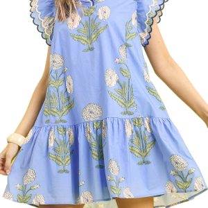 Women's Sky Blue Floral Mini Dress – Scalloped Embroidery Trim, V-Neck Summer Shift Dress - Main View