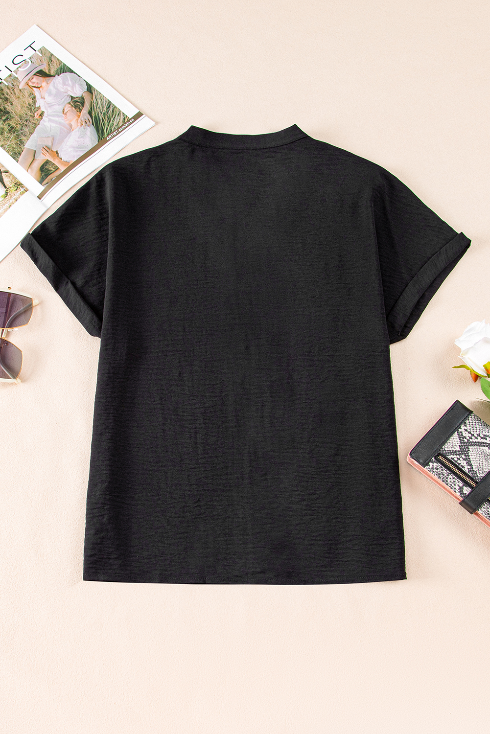 Elegant Black Notched Neck Batwing Sleeve Lightweight Blouse for Women - Detail View 9 Elegant Black Notched Neck Batwing Sleeve Lightweight Blouse for Women - Detail View 9