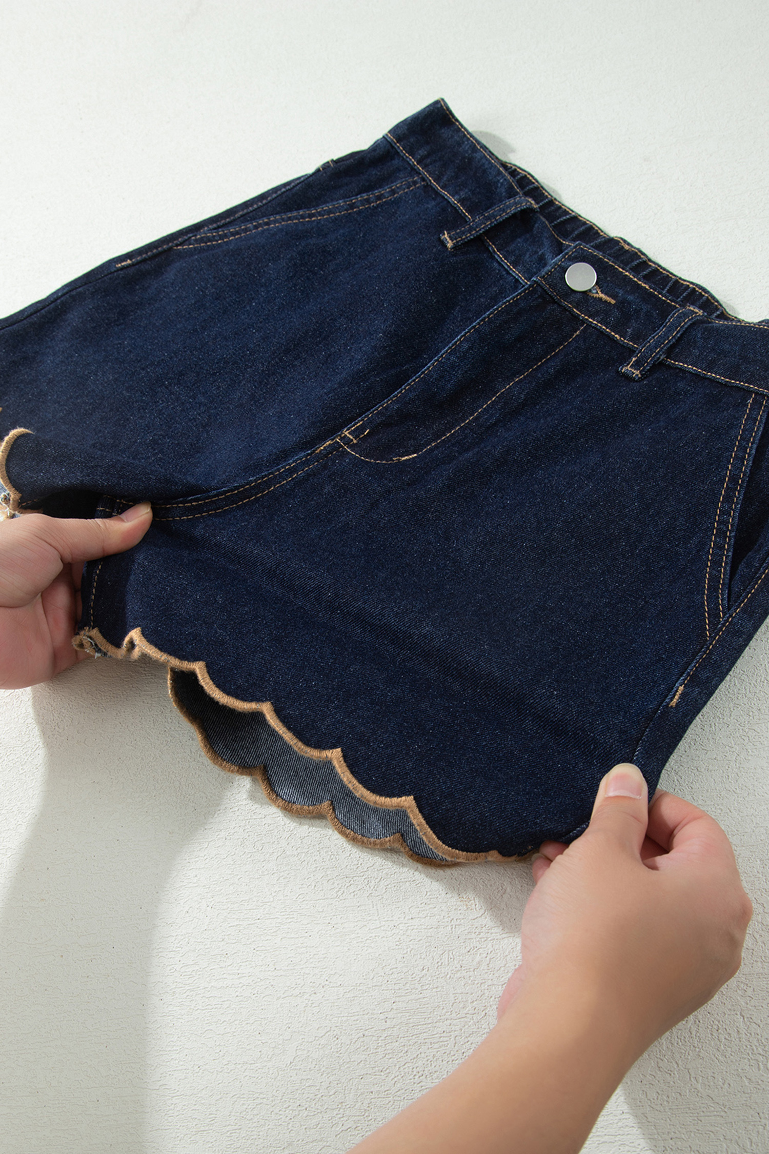 Southern Belle Denim Shorts – Embroidered Scalloped Trim, Casual Navy Blue Shift Style - Detail View 17 Southern Belle Denim Shorts – Embroidered Scalloped Trim, Casual Navy Blue Shift Style - Detail View 17