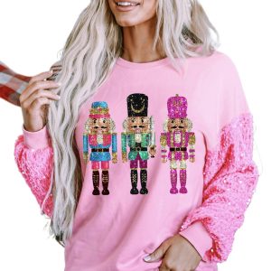 Women's Pink Nutcracker Graphic Christmas Top with Sequin Sleeves - Main View