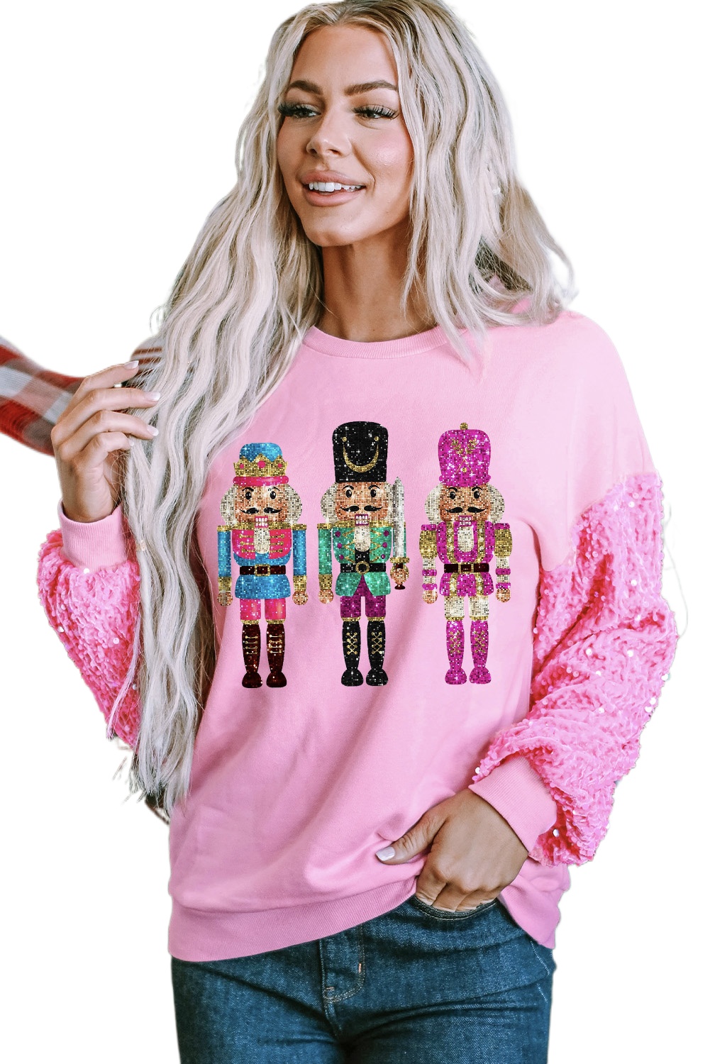 Women's Pink Nutcracker Graphic Christmas Top with Sequin Sleeves - Main View Women's Pink Nutcracker Graphic Christmas Top with Sequin Sleeves - Main View
