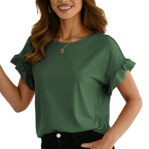 Women's Blackish Green Ribbed Ruffled Tee – Casual Short Sleeve Top for Office & Everyday Wear - Main View