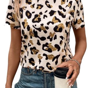 Women's Apricot Leopard Print Round Neck Casual T-Shirt - Short Sleeve Top - Main View