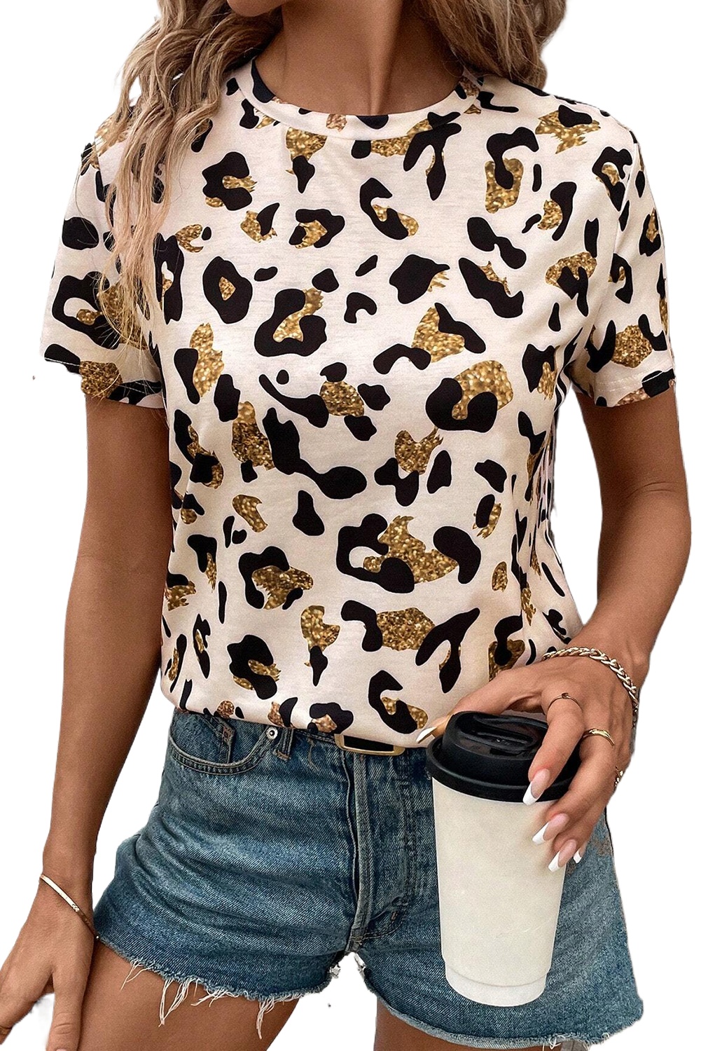 Women's Apricot Leopard Print Round Neck Casual T-Shirt - Short Sleeve Top - Main View Women's Apricot Leopard Print Round Neck Casual T-Shirt - Short Sleeve Top - Main View
