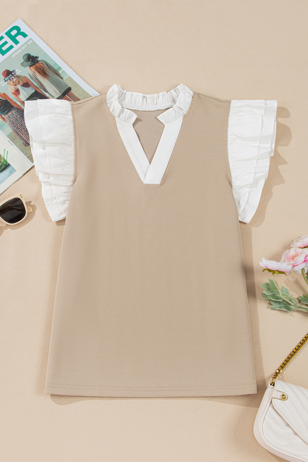 Women's Top, Pale Khaki, Contrast V Neck, Ruffled Detail, Textured Knit, Short Sleeve, Casual Wear, Dressy Style, Color Block, Elegant Design, Comfortable Fabric, Daily Wear, Blouses & Shirts - Detail View 4 Women's Top, Pale Khaki, Contrast V Neck, Ruffled Detail, Textured Knit, Short Sleeve, Casual Wear, Dressy Style, Color Block, Elegant Design, Comfortable Fabric, Daily Wear, Blouses & Shirts - Detail View 4