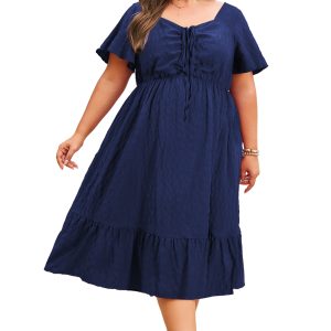 Elegant Women's Blue Midi Dress – Short Sleeve Lace-up High Waist for Summer Outings - Main View