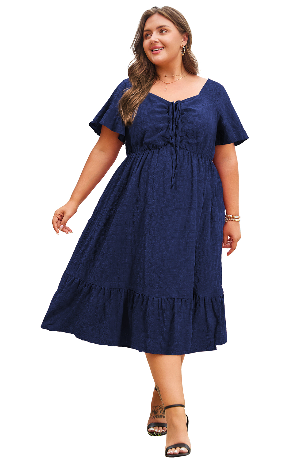 Elegant Women's Blue Midi Dress – Short Sleeve Lace-up High Waist for Summer Outings - Main View Elegant Women's Blue Midi Dress – Short Sleeve Lace-up High Waist for Summer Outings - Main View