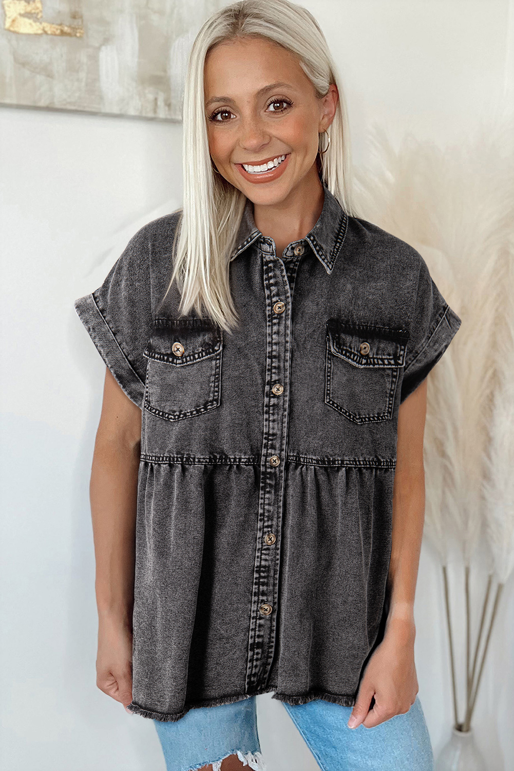 Women's Denim Shirt, Black Shirt, Short Sleeve, Flap Pocket, Button Up, Casual Style, Solid Color, Summer Fashion, Relaxed Fit, Laid Back Vibe, Wardrobe Essential, Tops, Blouses & Shirts - Detail View 12 Women's Denim Shirt, Black Shirt, Short Sleeve, Flap Pocket, Button Up, Casual Style, Solid Color, Summer Fashion, Relaxed Fit, Laid Back Vibe, Wardrobe Essential, Tops, Blouses & Shirts - Detail View 12