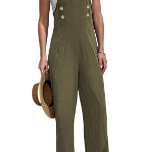 Women's Jungle Green Solid Color Buttoned Straight Leg Overalls - Adjustable Straps for Custom Fit - Main View