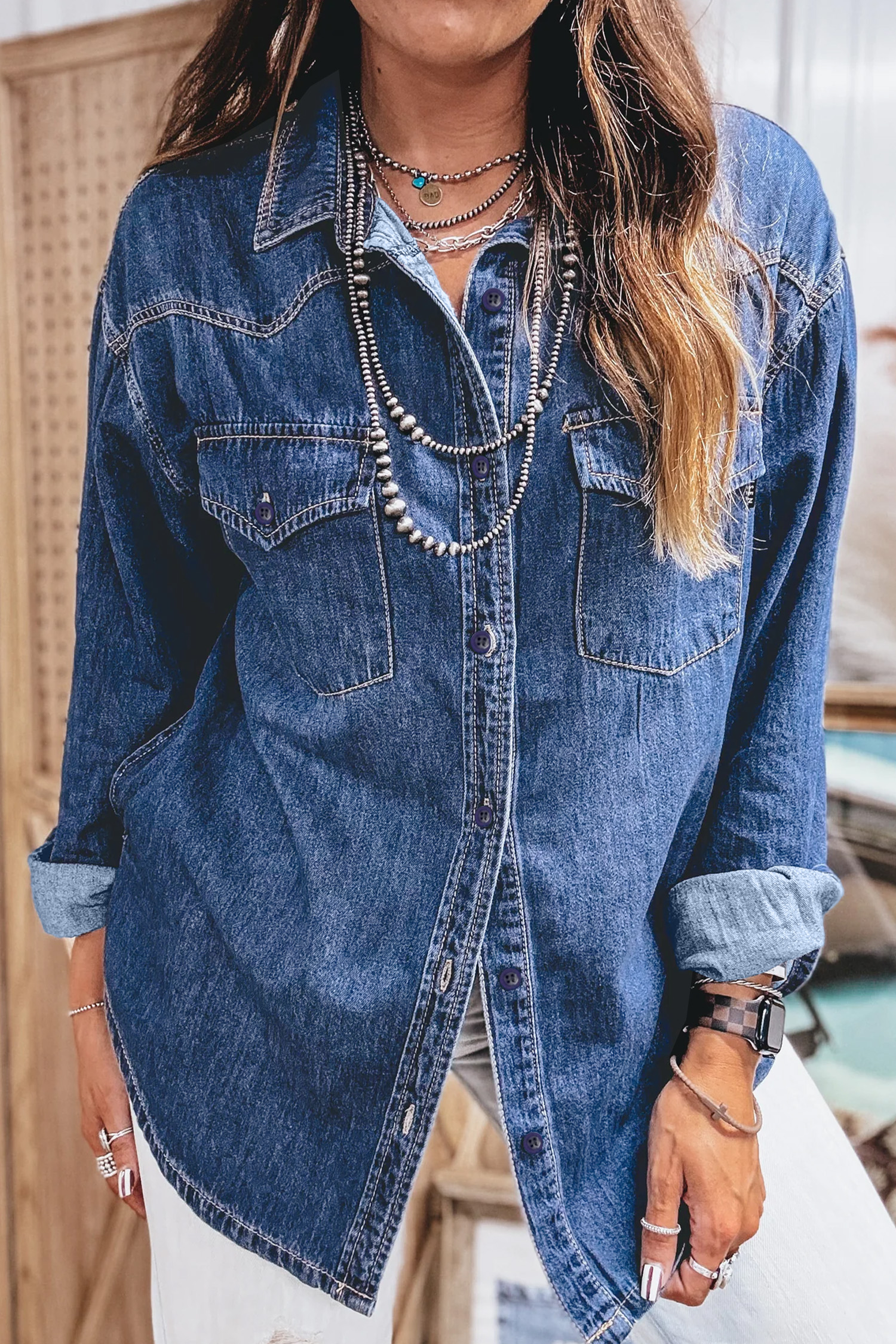 Women's Denim Utility Shirt, Button Down Western Fall Outfit - Detail View 6 Women's Denim Utility Shirt, Button Down Western Fall Outfit - Detail View 6