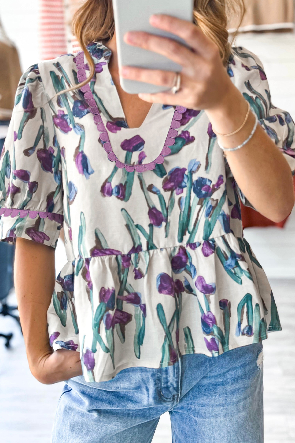 Women's Purple Floral Ricrac Trim Peplum Top with Puff Sleeves - Detail View 9 Women's Purple Floral Ricrac Trim Peplum Top with Puff Sleeves - Detail View 9