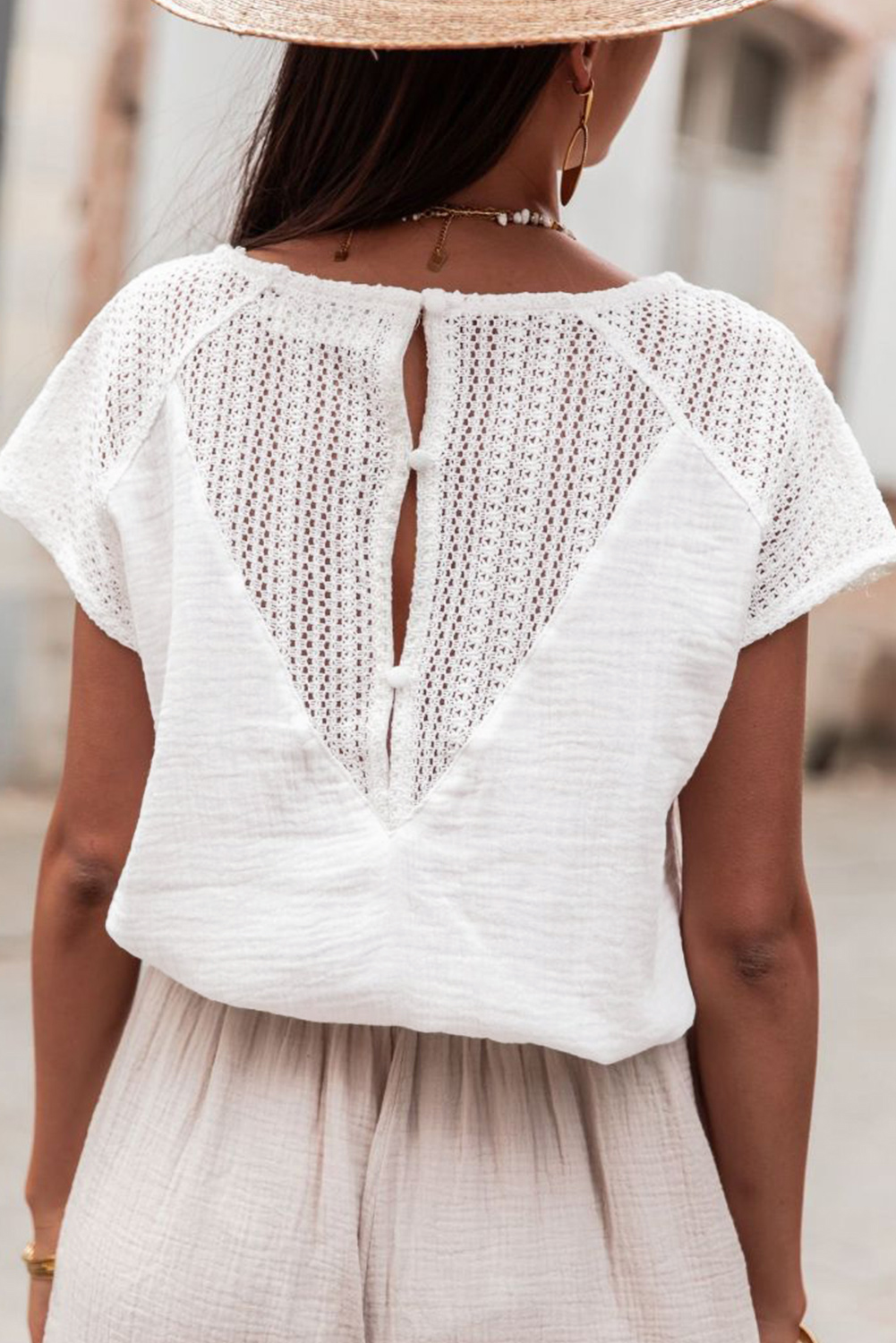 Stylish White V Neck Tee with Unique Button Back and Intricate Lace Crochet Detail - Detail View 2 Stylish White V Neck Tee with Unique Button Back and Intricate Lace Crochet Detail - Detail View 2