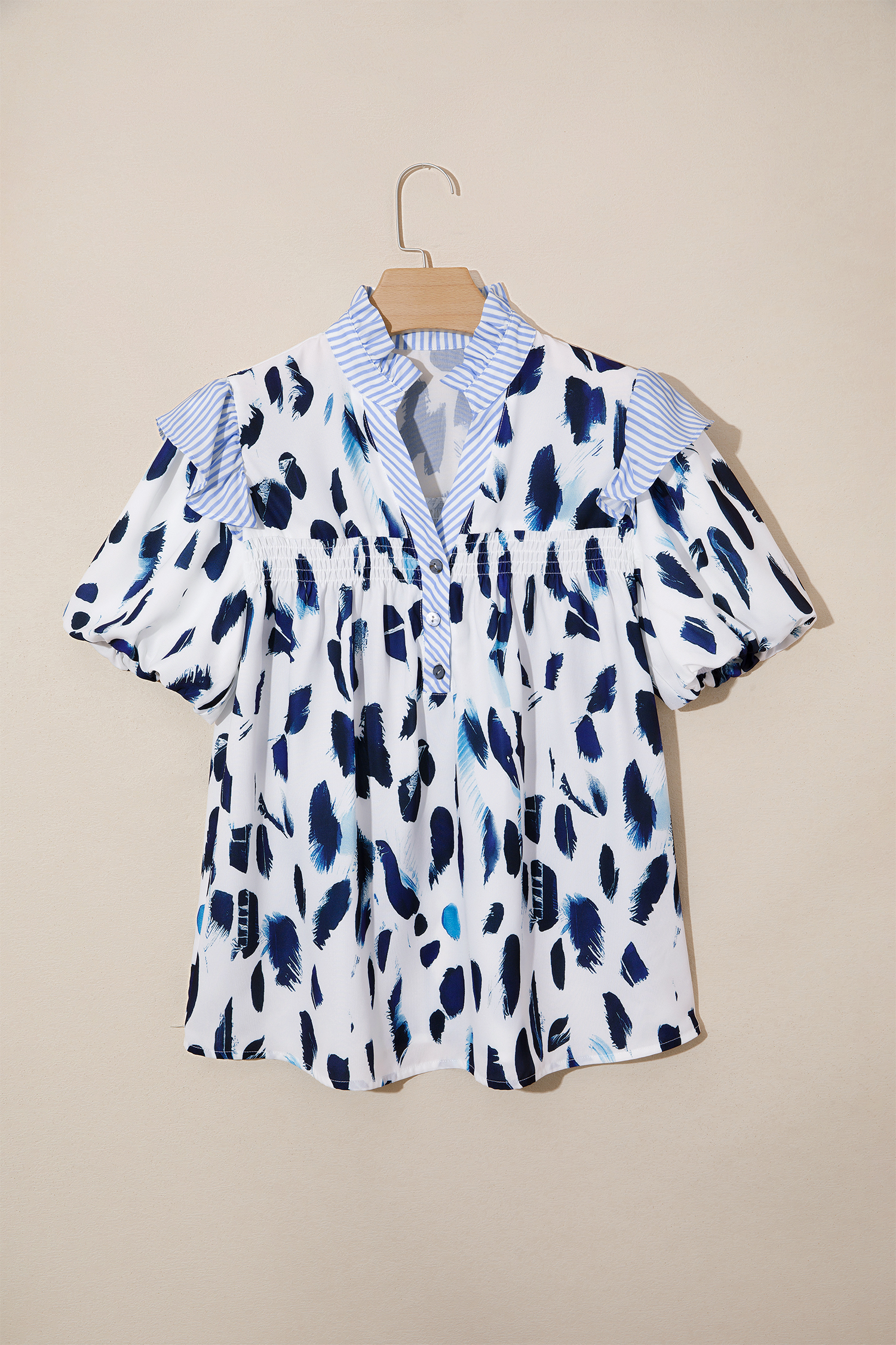 Southern Belle Style Women's V Neck Blouse – Abstract Animal Print with Striped Ruffle Trim - Detail View 5 Southern Belle Style Women's V Neck Blouse – Abstract Animal Print with Striped Ruffle Trim - Detail View 5