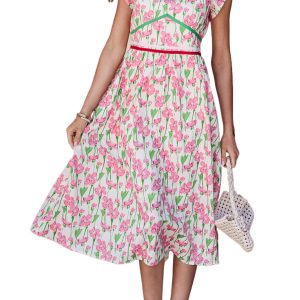 Women's Pink Floral Print Midi Dress – Contrast Trim V Neck, Casual Summer Style for Daily Wear - Main View