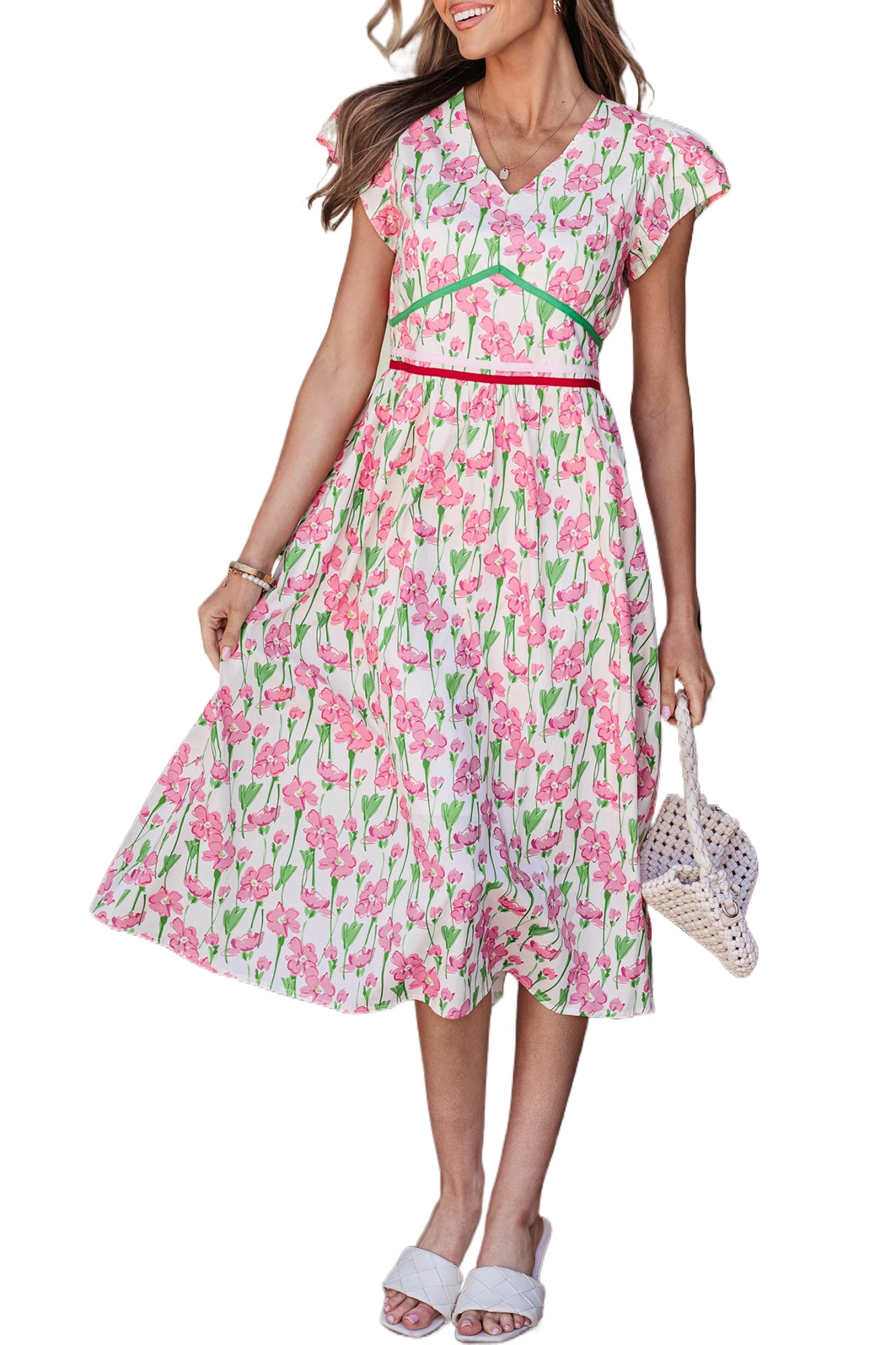 Women's Pink Floral Print Midi Dress – Contrast Trim V Neck, Casual Summer Style for Daily Wear - Main View Women's Pink Floral Print Midi Dress – Contrast Trim V Neck, Casual Summer Style for Daily Wear - Main View