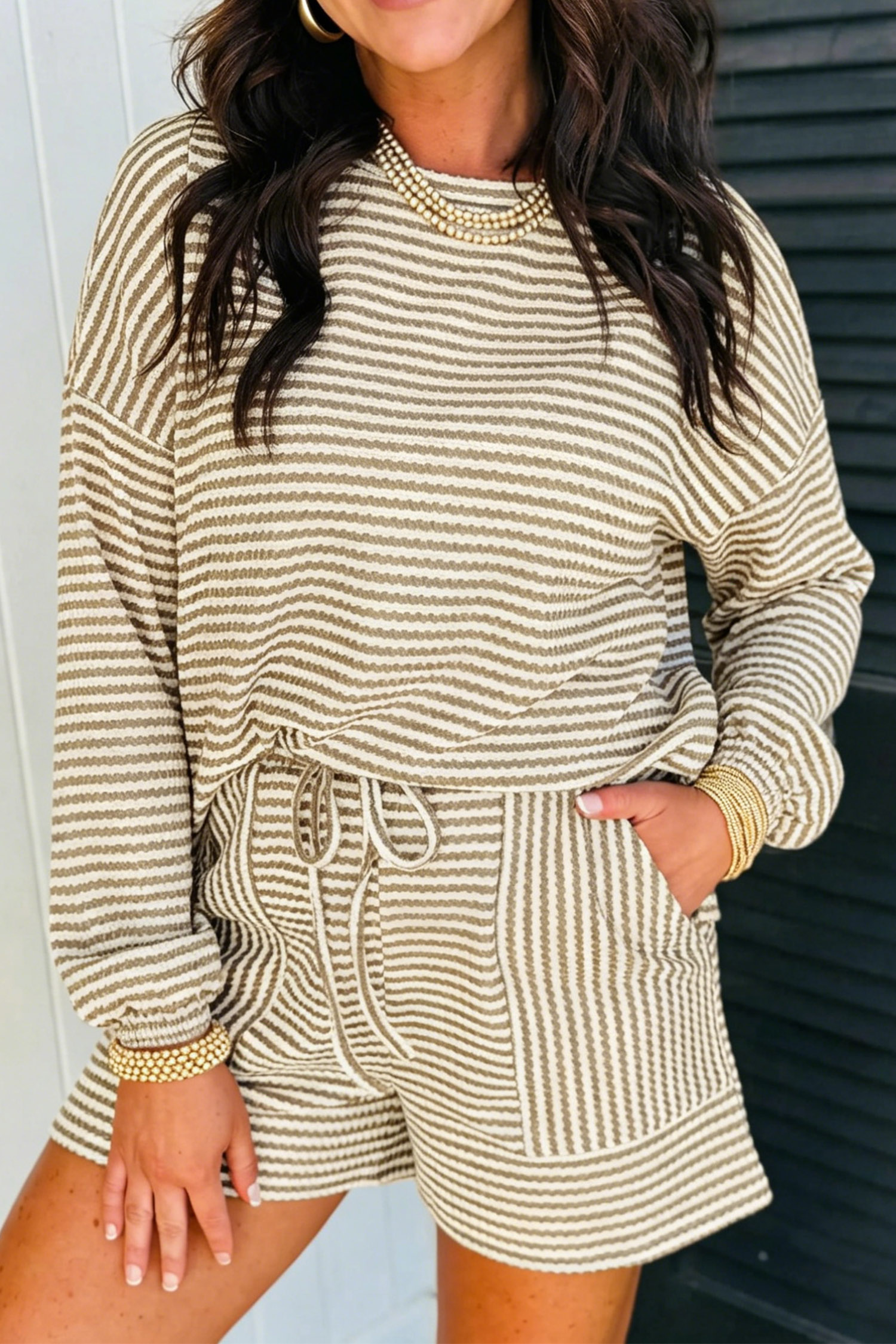 Casual Brown Striped Two Piece Set, Textured Knit Shorts Set - Detail View 5 Casual Brown Striped Two Piece Set, Textured Knit Shorts Set - Detail View 5