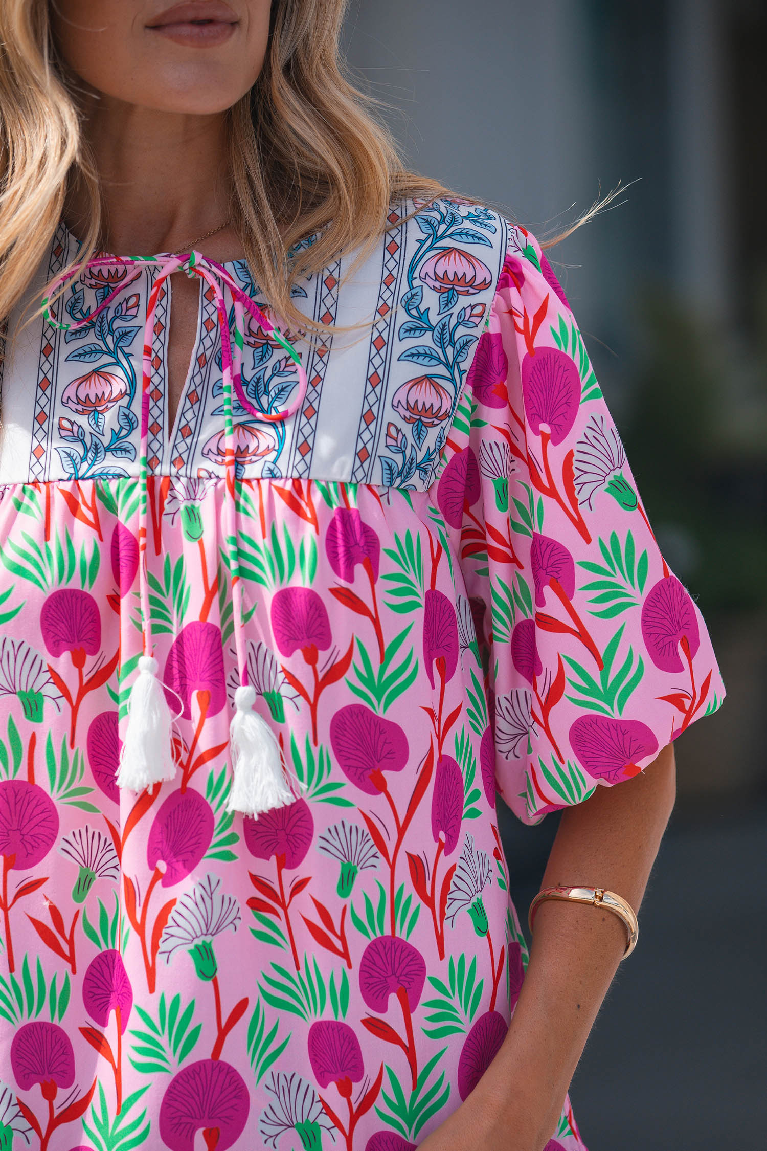 Boho Women's Short Sleeve Floral Blouse – Casual V Neck Patchwork Summer Top for Vacation - Detail View 8 Boho Women's Short Sleeve Floral Blouse – Casual V Neck Patchwork Summer Top for Vacation - Detail View 8