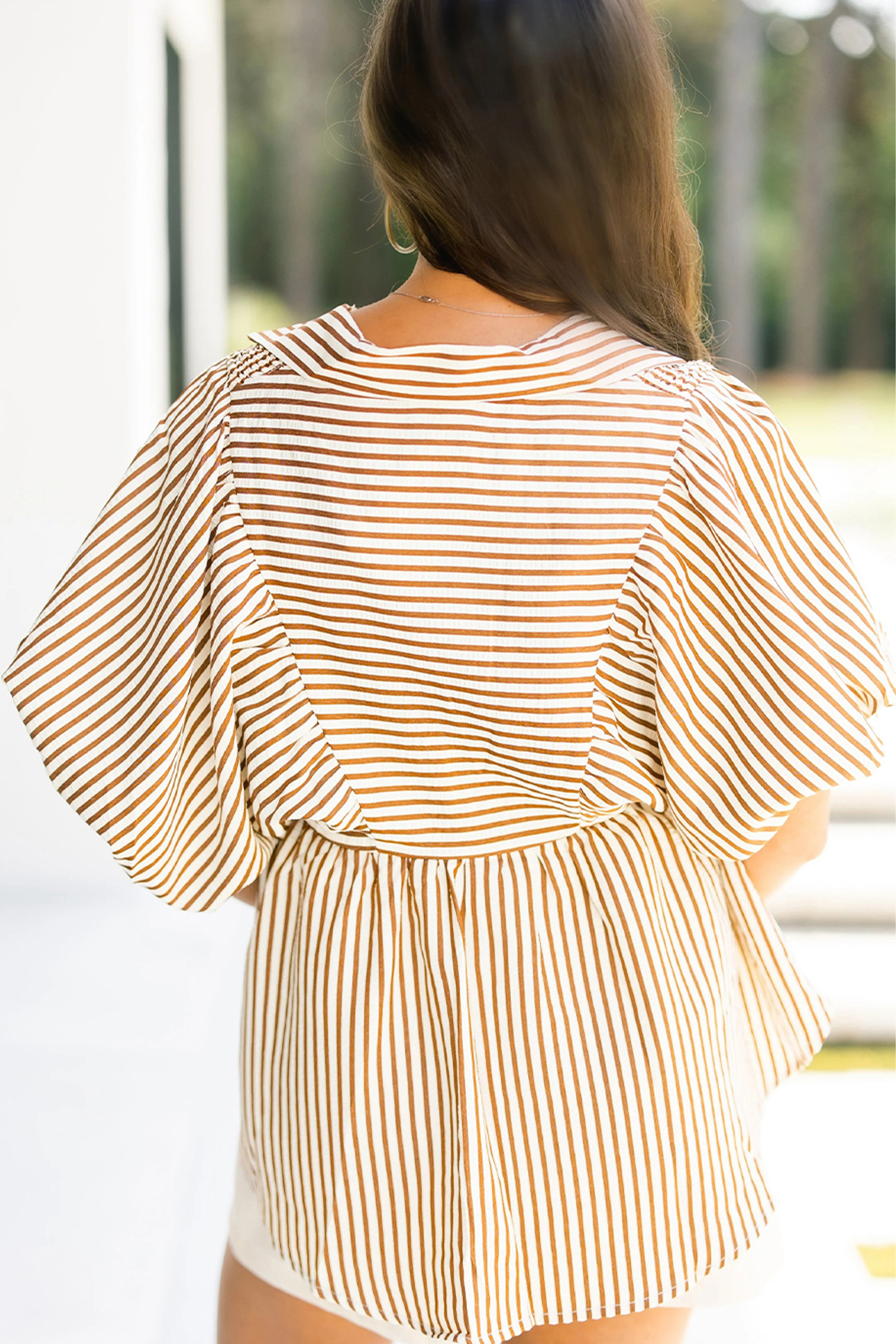 Elevate Your Summer Wardrobe: Women's Brown Stripe V Neck Blouse with Shirred Detail - Detail View 3 Elevate Your Summer Wardrobe: Women's Brown Stripe V Neck Blouse with Shirred Detail - Detail View 3