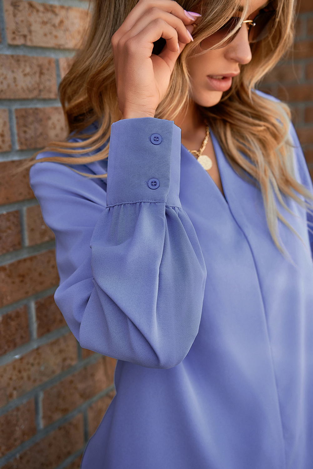 Modern Women's Solid Sky Blue Shift Blouse – Breezy V-Neck Long Sleeve Top for Spring - Detail View 11 Modern Women's Solid Sky Blue Shift Blouse – Breezy V-Neck Long Sleeve Top for Spring - Detail View 11
