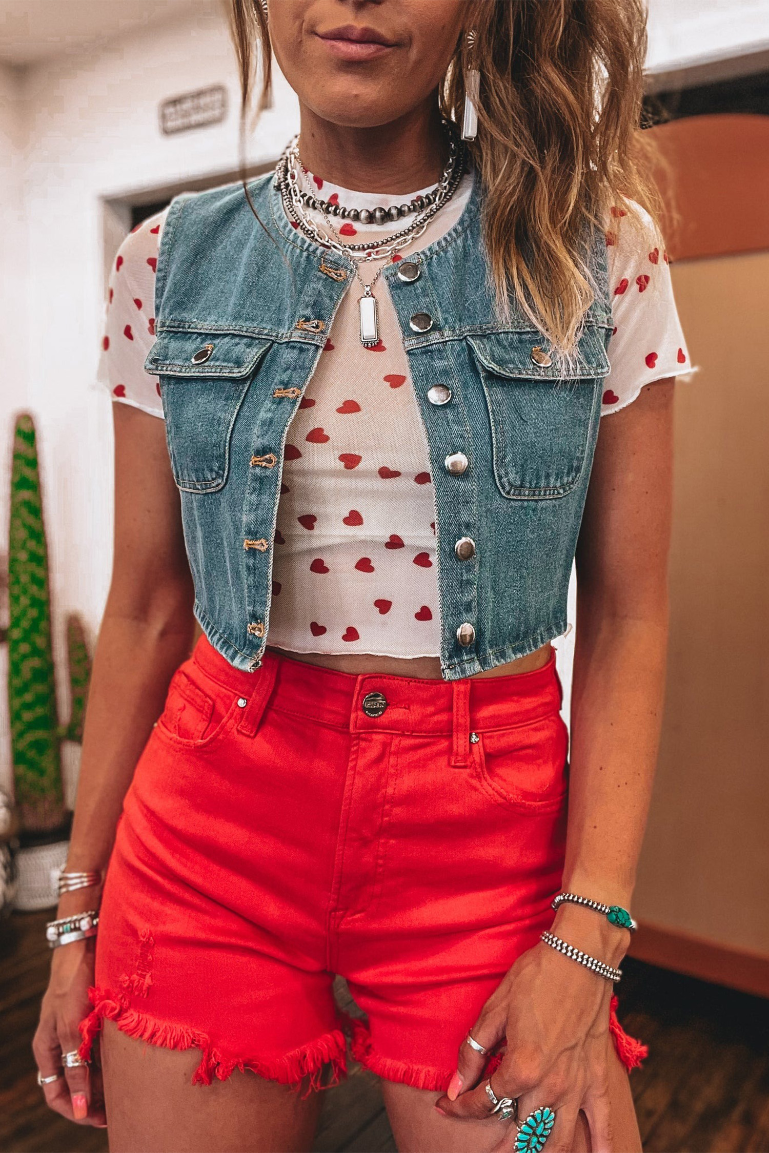 Casual Red Allover Heart Print Short Sleeve Top for Women – Ideal for Summer Adventures - Detail View 3 Casual Red Allover Heart Print Short Sleeve Top for Women – Ideal for Summer Adventures - Detail View 3