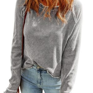Casual Gray Textured Long Sleeve Top with Round Neck - Perfect for Fall & Daily Wear - Main View