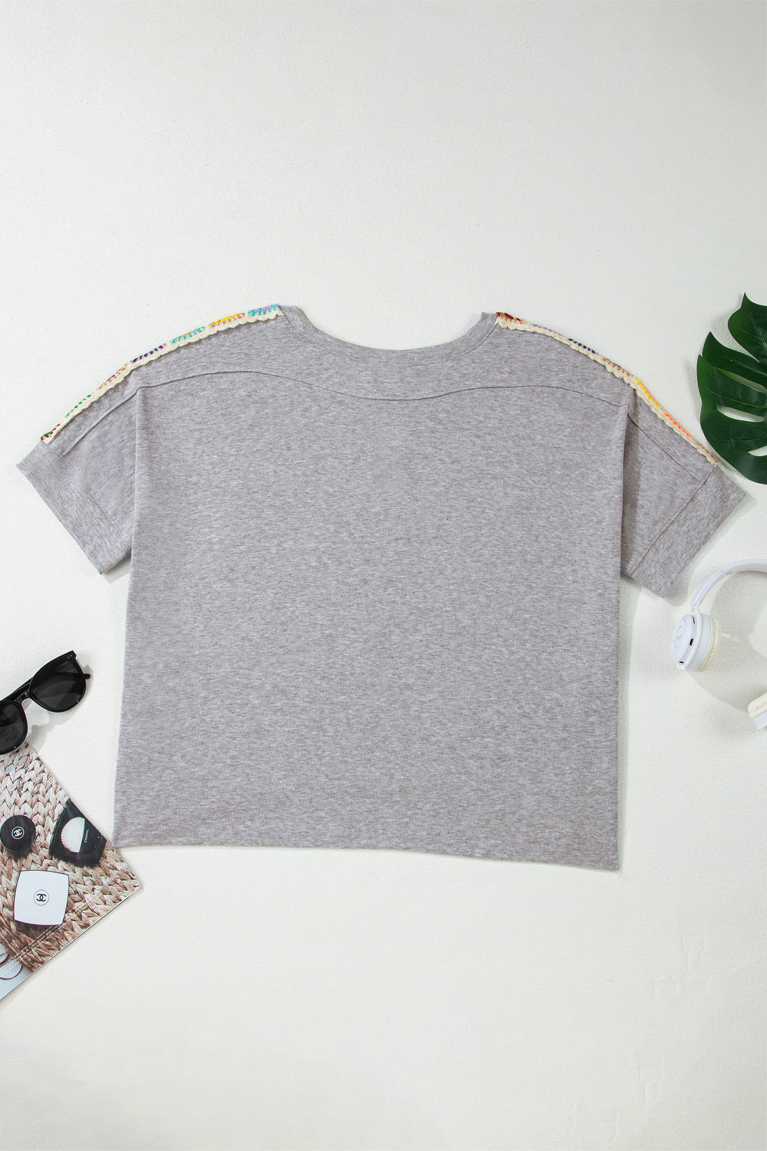 Women's Light Grey Crochet Detail T-Shirt – Comfortable Daily Wear for Summer - Detail View 5 Women's Light Grey Crochet Detail T-Shirt – Comfortable Daily Wear for Summer - Detail View 5