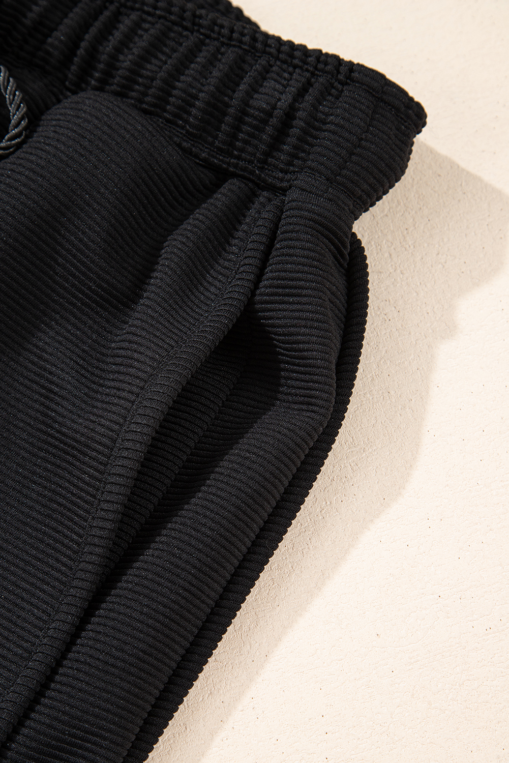 Women's Black Textured Quarter Zip Top and Drawstring High Waist Shorts Set - Detail View 17 Women's Black Textured Quarter Zip Top and Drawstring High Waist Shorts Set - Detail View 17
