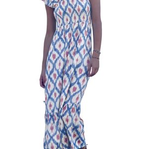 Women's Sky Blue Geometric Print Maxi Dress – Smocked High Waist Boho Shift Dress for Summer Vacation - Main View