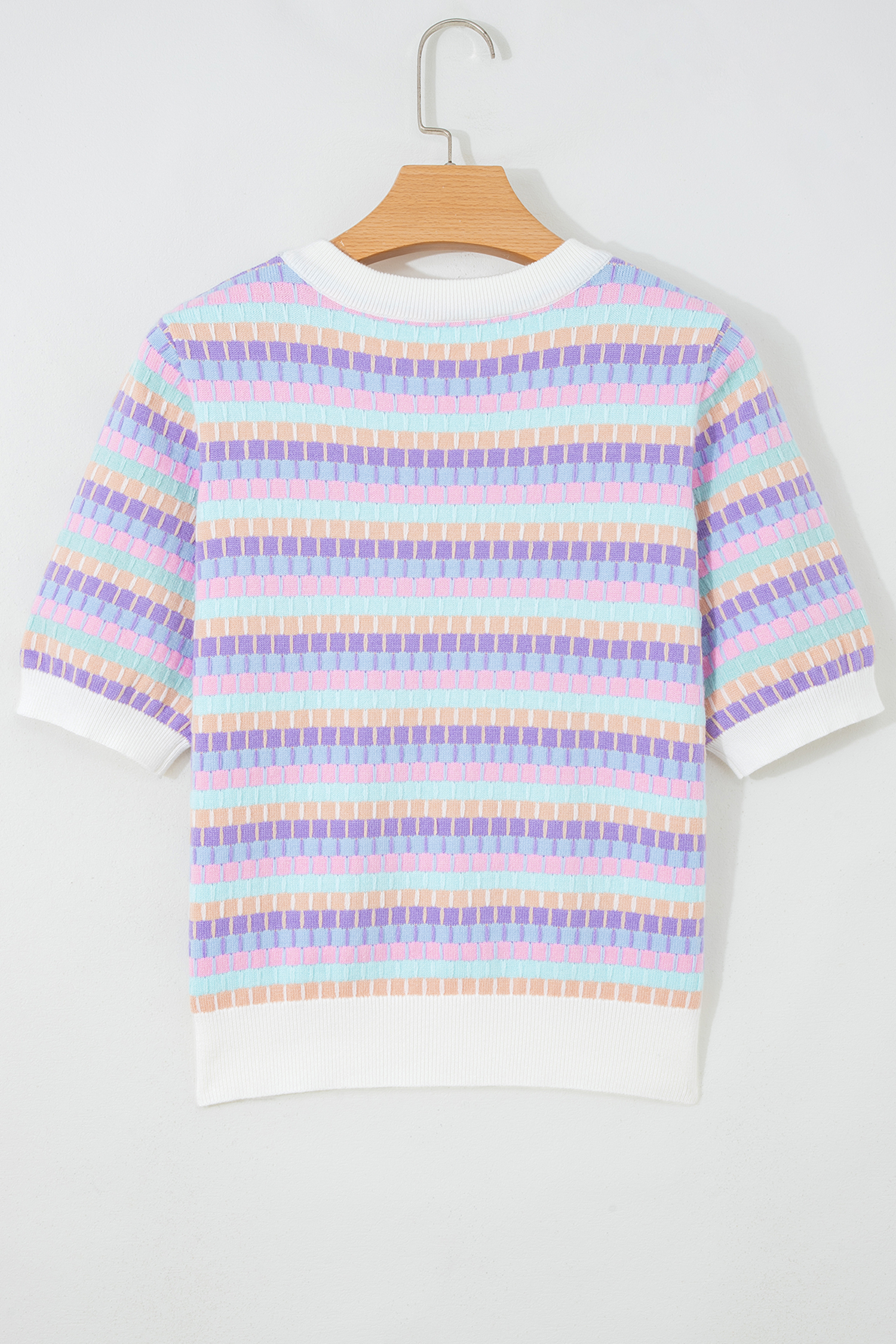 Casual Summer Knit Sweater for Women – Purple Abstract Stripe Pattern, Short Sleeve Shift Style - Detail View 5 Casual Summer Knit Sweater for Women – Purple Abstract Stripe Pattern, Short Sleeve Shift Style - Detail View 5
