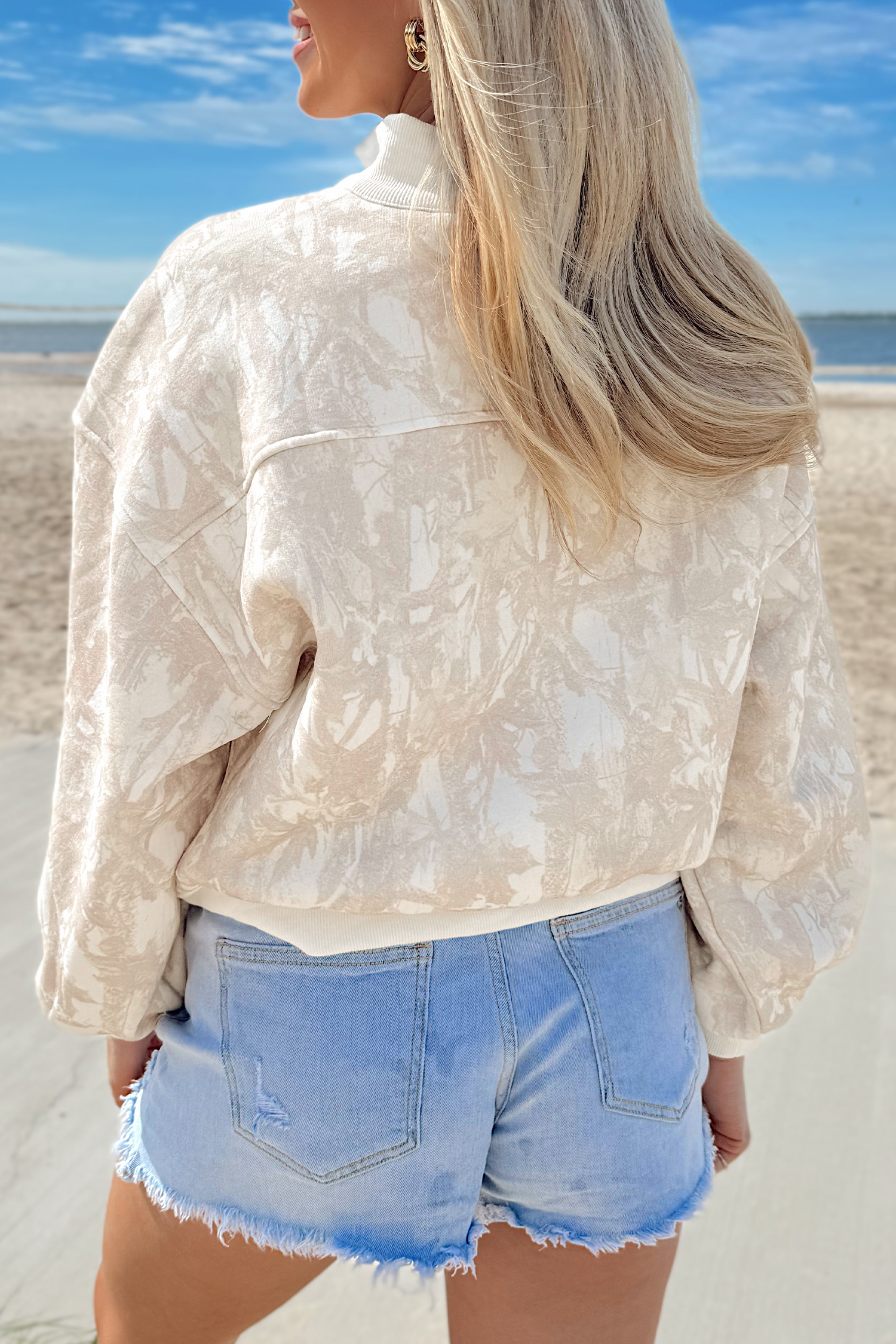 Modern Khaki Camo Pullover, Stand Neck Long Sleeve Top - Detail View 5 Modern Khaki Camo Pullover, Stand Neck Long Sleeve Top - Detail View 5