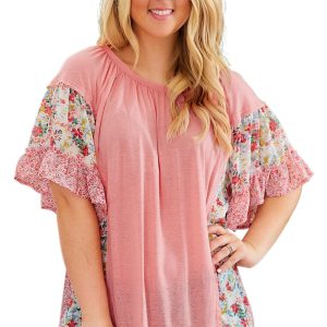 Plus Size Pink Floral Patchwork Ruffled Short Sleeve Blouse for Women - Main View