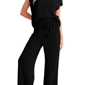 Women's Black Solid Color Short Sleeve Top and Wide Leg Casual Pants Set - Main View