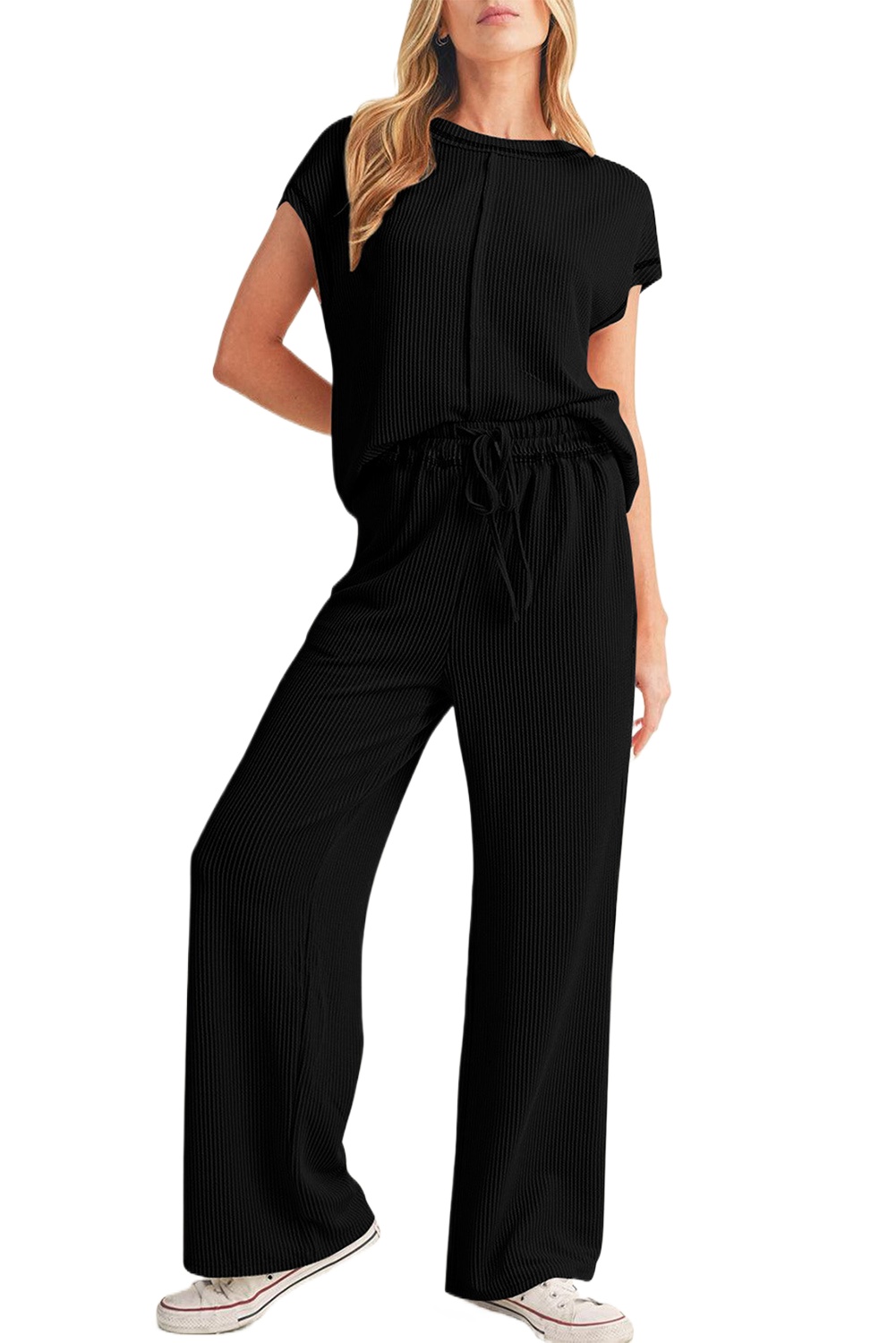 Women's Black Solid Color Short Sleeve Top and Wide Leg Casual Pants Set - Main View Women's Black Solid Color Short Sleeve Top and Wide Leg Casual Pants Set - Main View