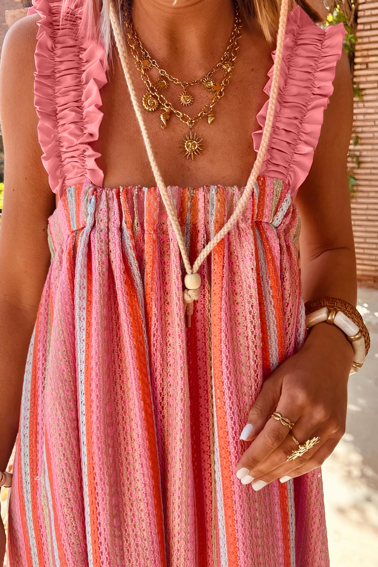 Bohemian Pink Striped Women's Maxi Dress – Square Neck Ruffle Straps, Ribbon Tie-Back for Vacation & Easter Outfit - Detail View 3 Bohemian Pink Striped Women's Maxi Dress – Square Neck Ruffle Straps, Ribbon Tie-Back for Vacation & Easter Outfit - Detail View 3
