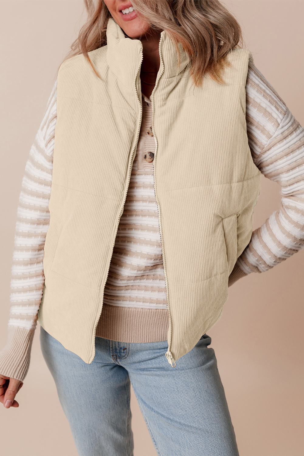 Women's Sleeveless Beige Corduroy Vest – Zipped Stand Neck for Everyday Style - Detail View 6 Women's Sleeveless Beige Corduroy Vest – Zipped Stand Neck for Everyday Style - Detail View 6
