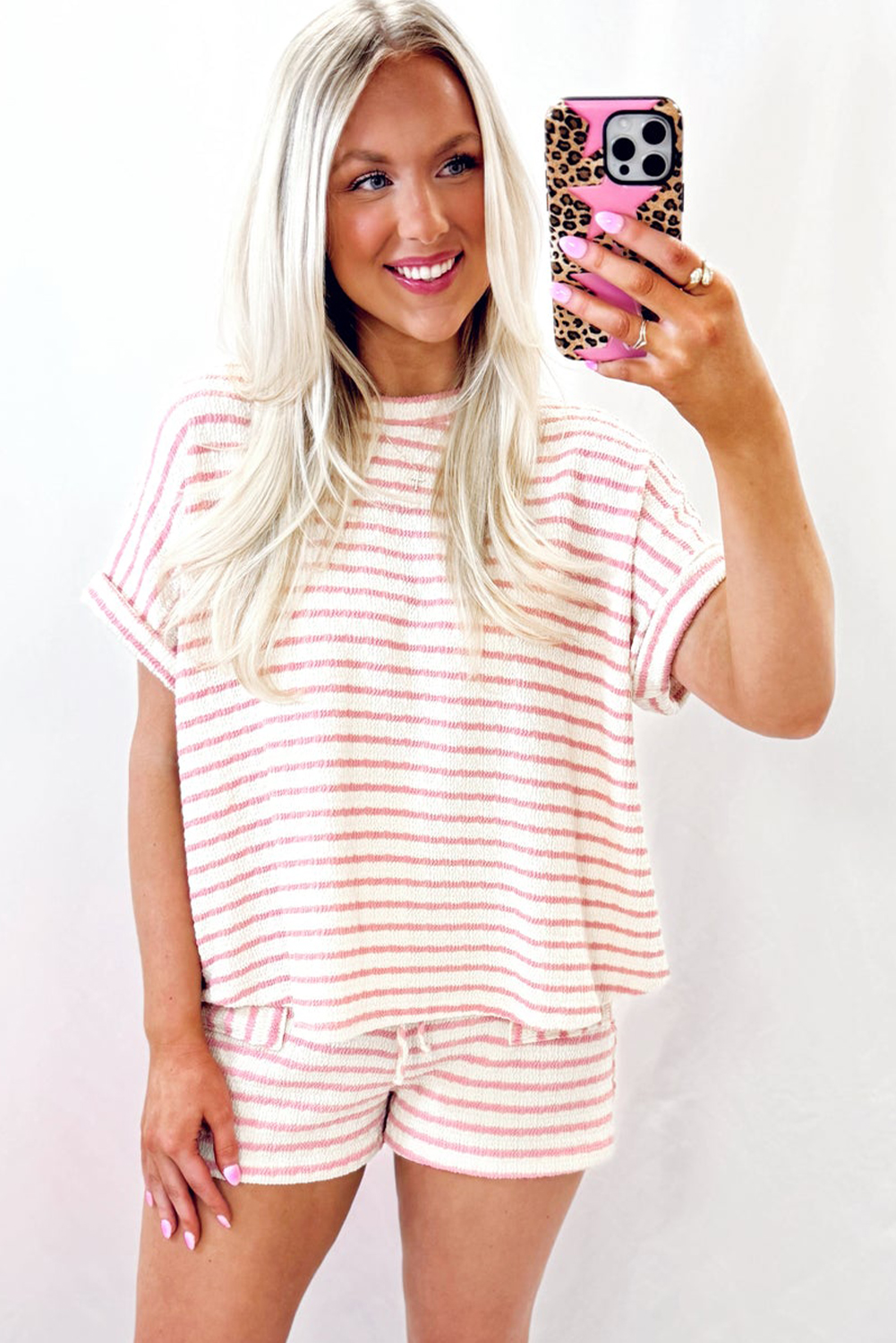 Women's Loungewear, Pink Stripe Set, Knitted Top, Drawstring Shorts, Casual Outfit, Comfortable Summer Wear, Short Sleeve Top, Striped Pattern, Daily Wear, Two-Piece Set, Lightweight Fabric, Fashionable, Relaxed Fit - Detail View 4 Women's Loungewear, Pink Stripe Set, Knitted Top, Drawstring Shorts, Casual Outfit, Comfortable Summer Wear, Short Sleeve Top, Striped Pattern, Daily Wear, Two-Piece Set, Lightweight Fabric, Fashionable, Relaxed Fit - Detail View 4