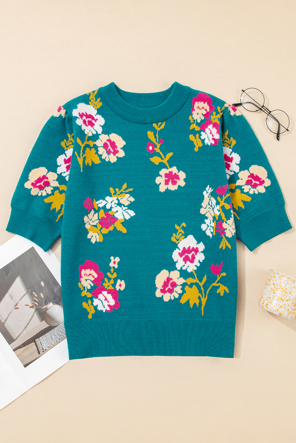 Women's Blue Floral Pattern Mock Neck Short Sleeve Knitted T-Shirt for Casual Fall Wear - Detail View 5 Women's Blue Floral Pattern Mock Neck Short Sleeve Knitted T-Shirt for Casual Fall Wear - Detail View 5