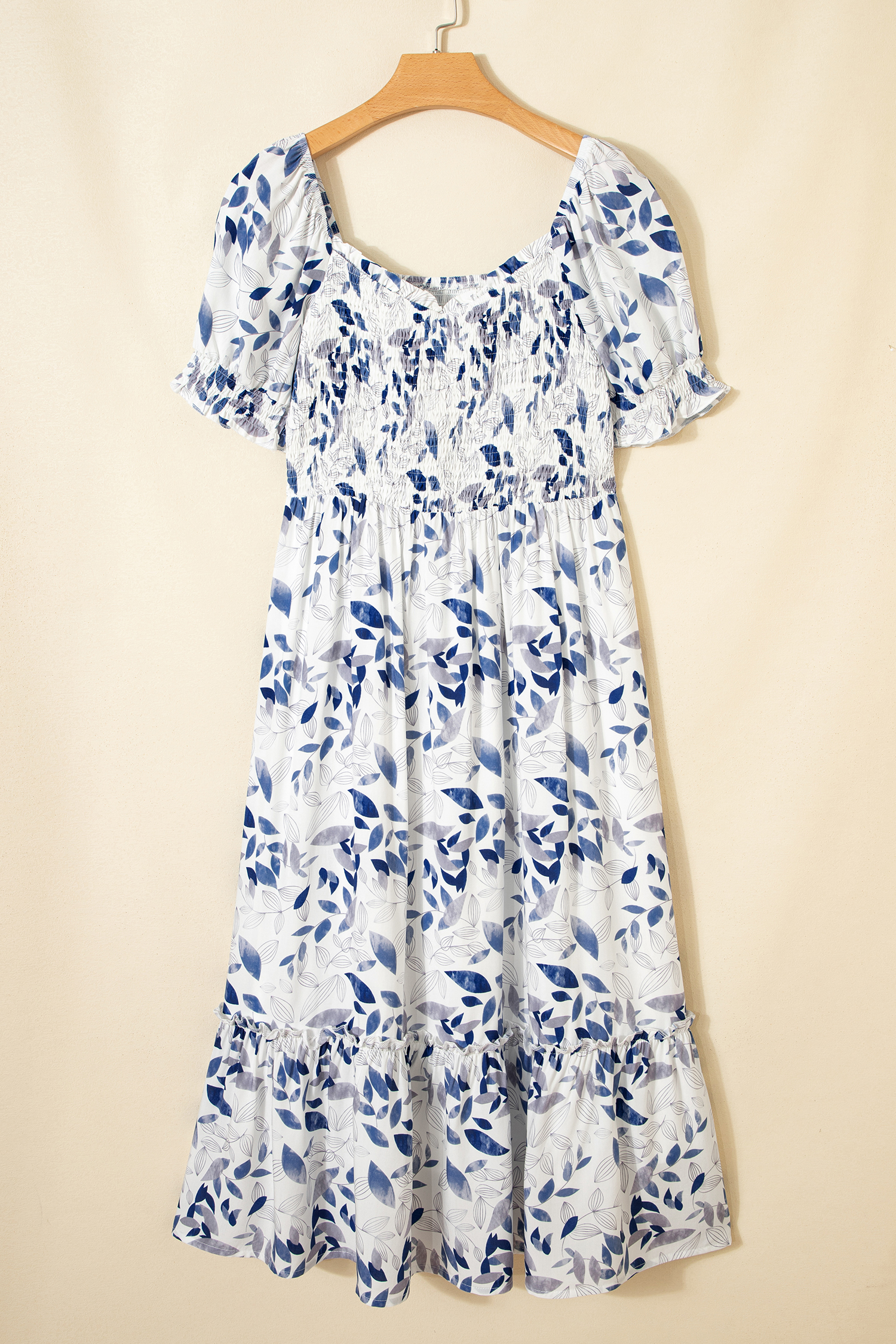Women's Sky Blue Floral Midi Dress – Smocked Bodice with Short Puff Sleeves for Casual Summer Vibes - Detail View 7 Women's Sky Blue Floral Midi Dress – Smocked Bodice with Short Puff Sleeves for Casual Summer Vibes - Detail View 7