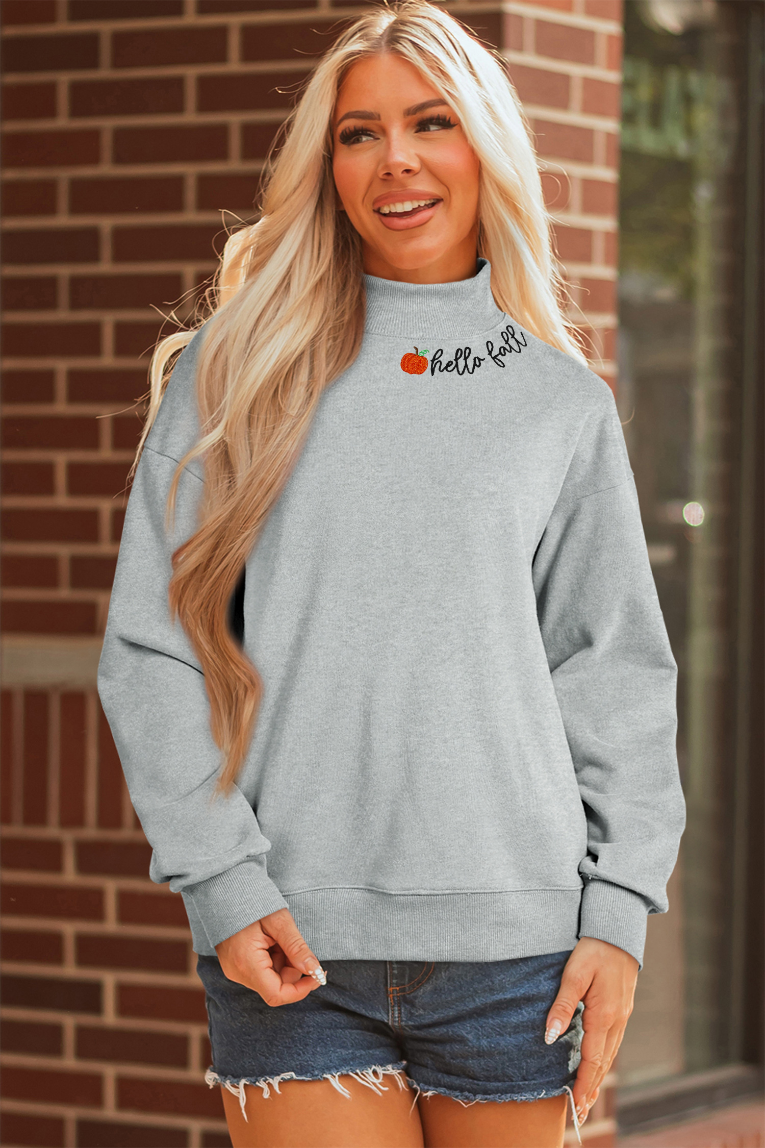 Casual Long Sleeve Fall Pullover, Women's Embroidered Pumpkin - Detail View 6 Casual Long Sleeve Fall Pullover, Women's Embroidered Pumpkin - Detail View 6