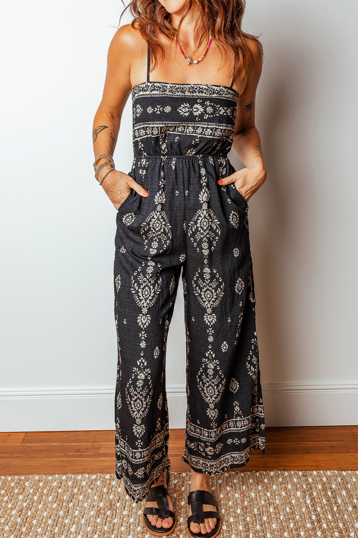 Boho Floral Jumpsuit for Women - Wide Leg Summer Romper - Detail View 5 Boho Floral Jumpsuit for Women - Wide Leg Summer Romper - Detail View 5