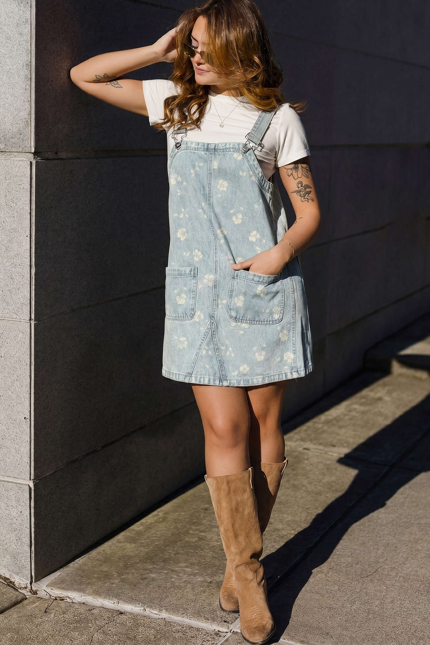 Casual Denim Overall Mini Dress, Sky Blue Floral Country Style - Detail View 6 Casual Denim Overall Mini Dress, Sky Blue Floral Country Style - Detail View 6