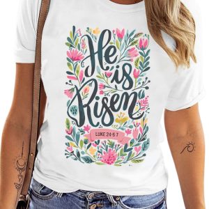 Women's White 'He Is Risen' Floral Printed T-Shirt - Casual Summer Tee - Main View