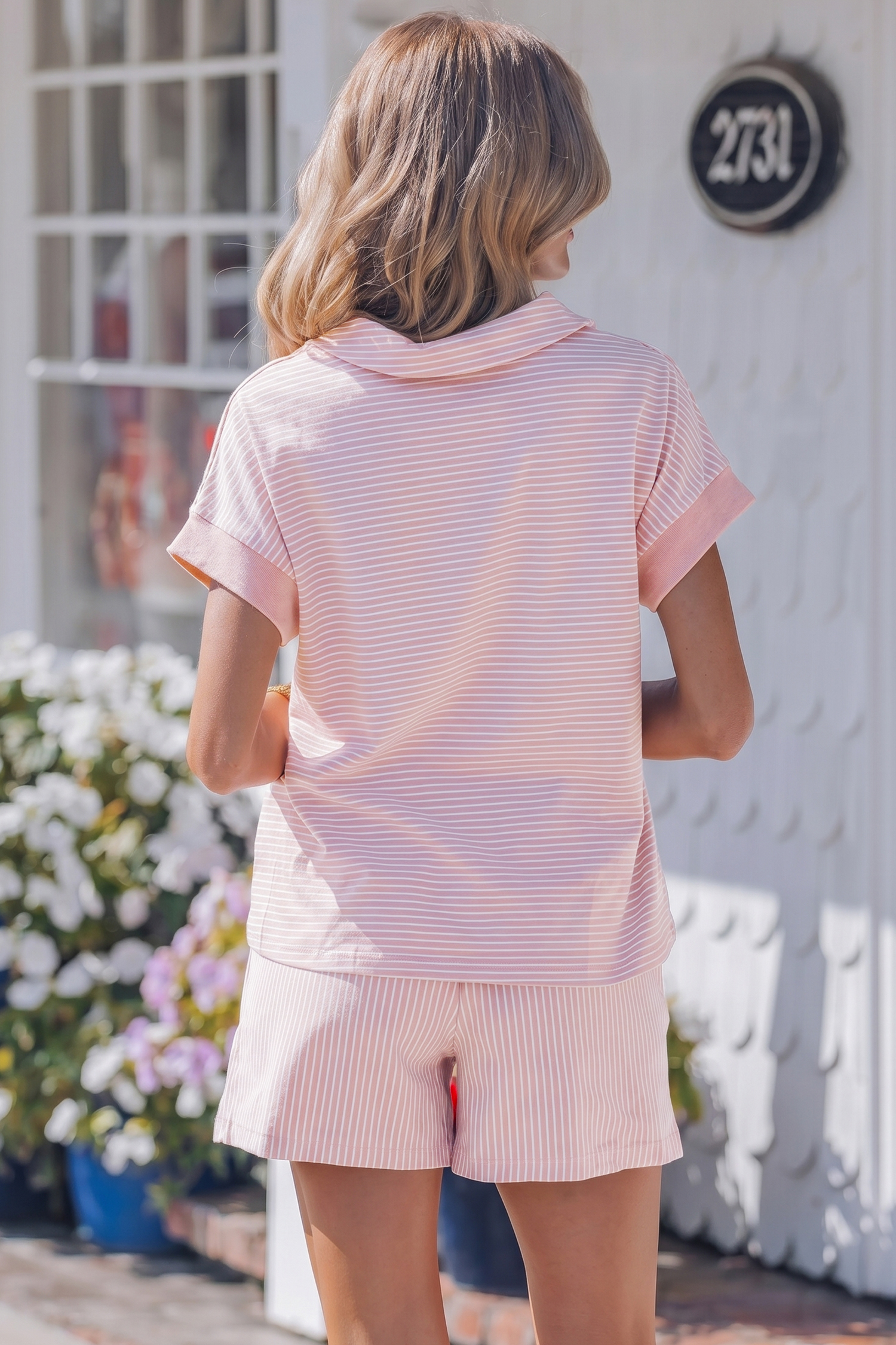 Chic Women's Striped Short Set – Casual V-Neck Dolman Polo and Drawstring Shorts Outfit - Detail View 3 Chic Women's Striped Short Set – Casual V-Neck Dolman Polo and Drawstring Shorts Outfit - Detail View 3