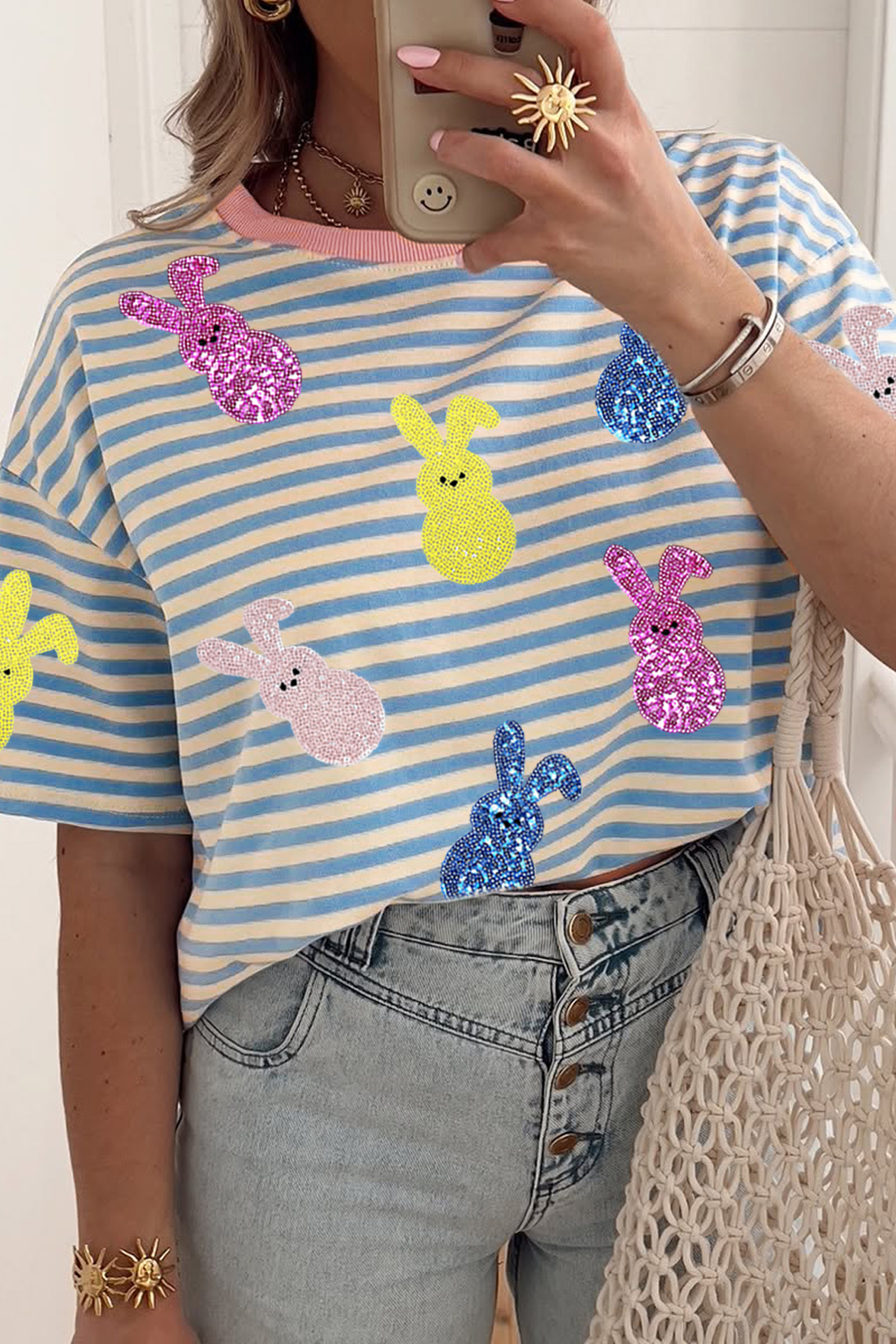 Women's Sky Blue Stripe Sequin Bunny Drop Shoulder Tee – Perfect for Easter Celebrations - Detail View 2 Women's Sky Blue Stripe Sequin Bunny Drop Shoulder Tee – Perfect for Easter Celebrations - Detail View 2