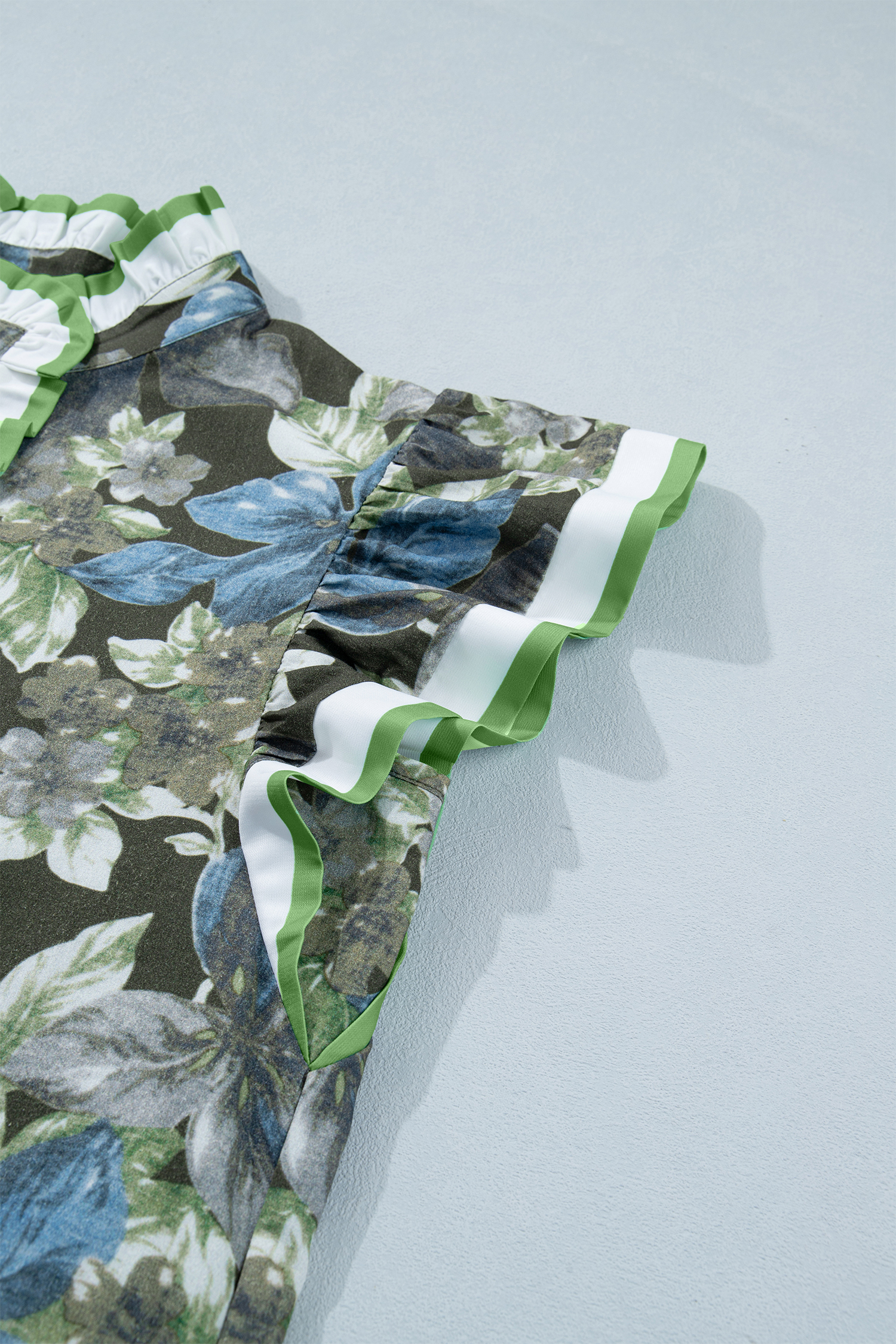 Women's Floral Ruffle Sleeve Blouse – Green Stand Neck Summer Shirt, Casual Shift Top - Detail View 7 Women's Floral Ruffle Sleeve Blouse – Green Stand Neck Summer Shirt, Casual Shift Top - Detail View 7